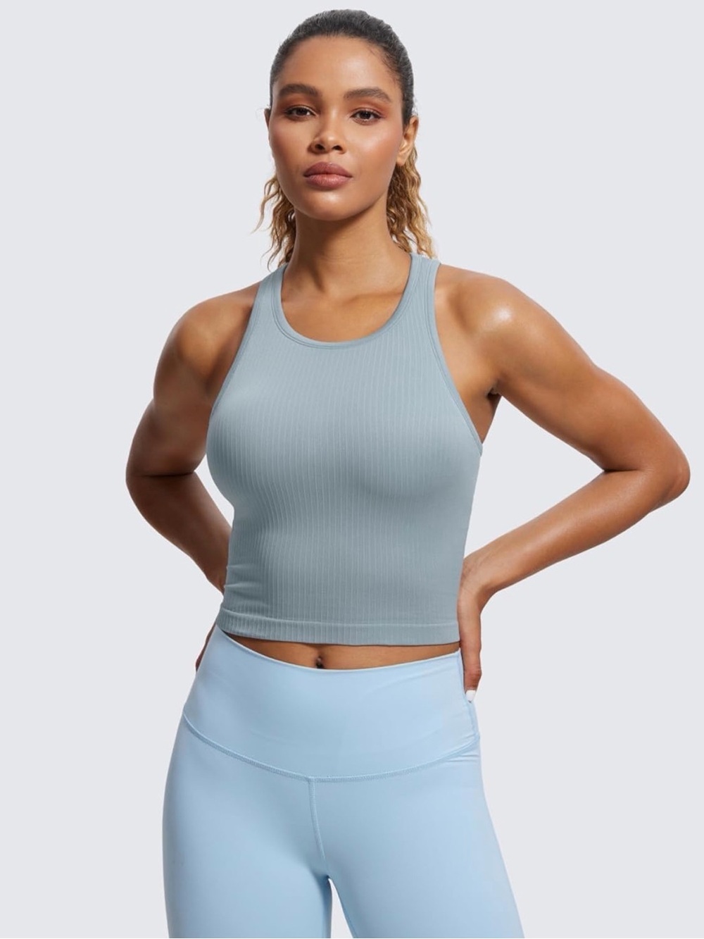CRZ YOGA Ribbed Racerback Crop Tank in Powder Blue